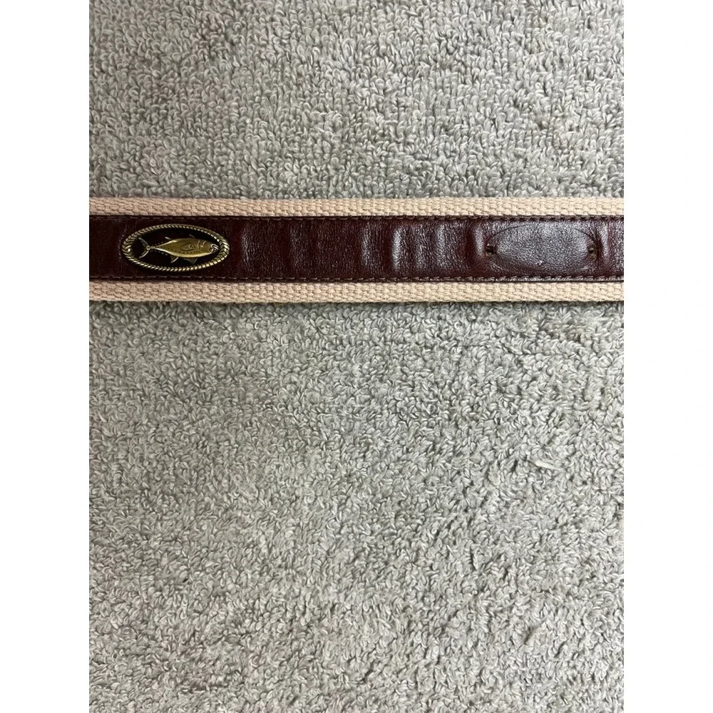 Southern Tide Mens Canvas Leather Skipjack Fish Belt Brown Tan Brass Buckle 36